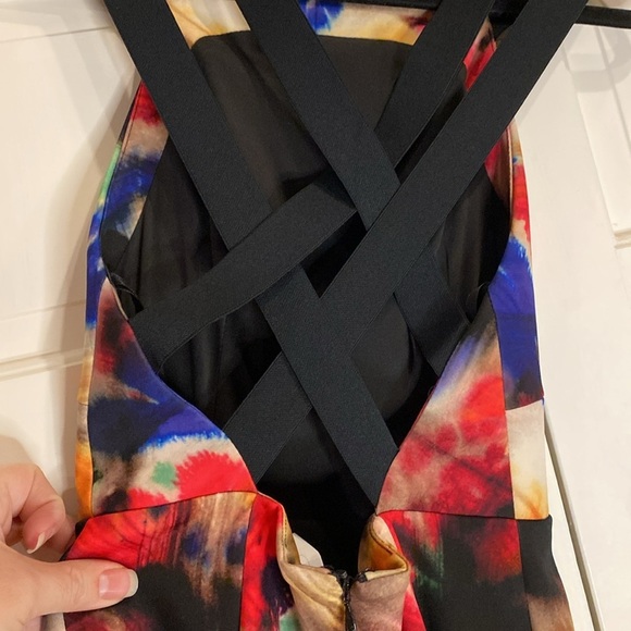 Milly Watercolor Multi Print Dress Criss Cross Back Statement Wedding Size 2 - Picture 6 of 11